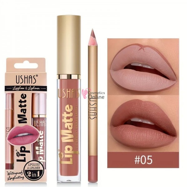 Gloss pentru buze USHAS Gloss Matt 24H cu 1 Creion pentru contur - US05 Salmon